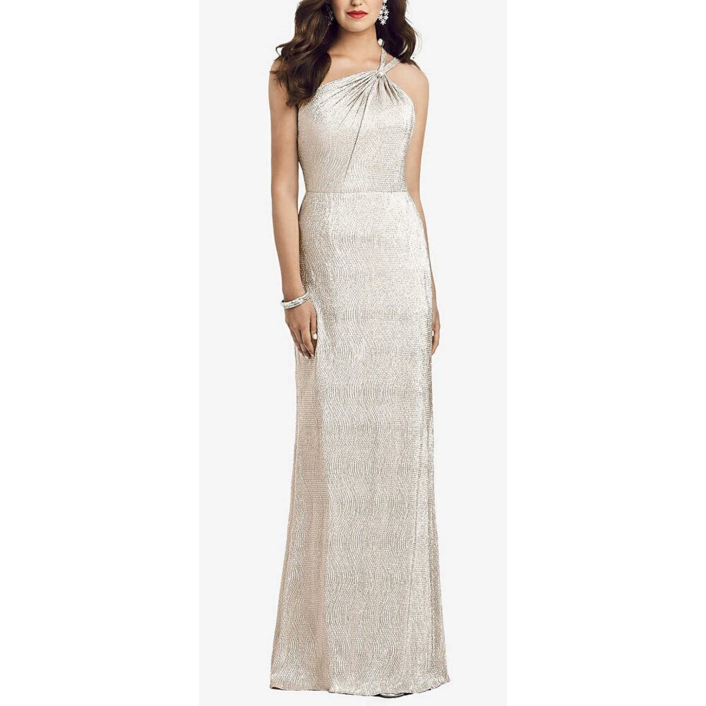NWT Dessy Formal Maxi Dress One Shoulder TWIST METALLIC GOWN Rose Gold Size 0 - Picture 1 of 11
